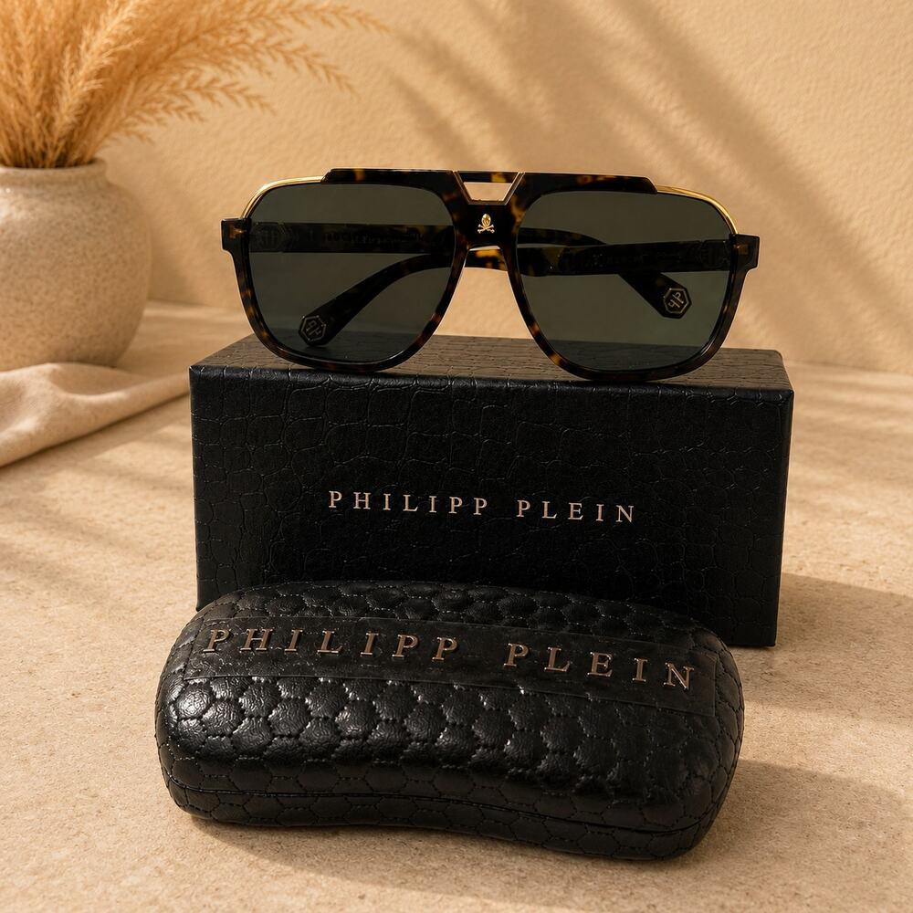 Philipp Plein Plein Military Dark Havana Square Sunglasses Green Lenses